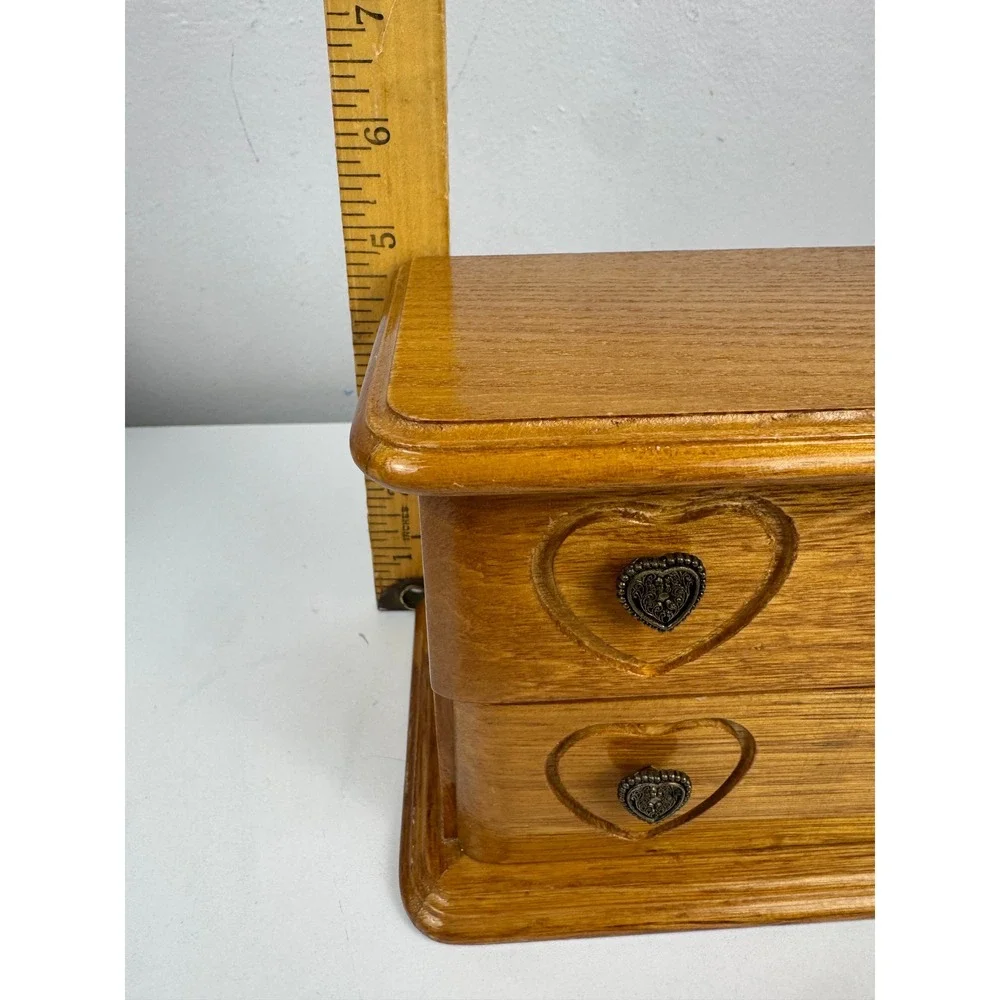 Vtg Wooden Jewelry Box Heart Carved Oak Finish Mirror Ring Storage Organizer